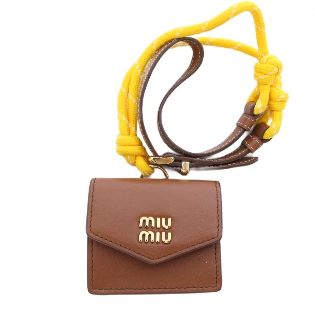 Miu Miu Miu Trick Mini Pouch Charm Airpods Case Leather Brown Yellow TK