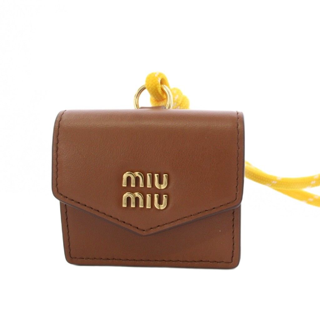 Miu Miu Miu Trick Mini Pouch Charm Airpods Case Leather Brown Yellow TK — view 2
