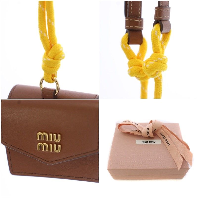 Miu Miu Miu Trick Mini Pouch Charm Airpods Case Leather Brown Yellow TK — view 9
