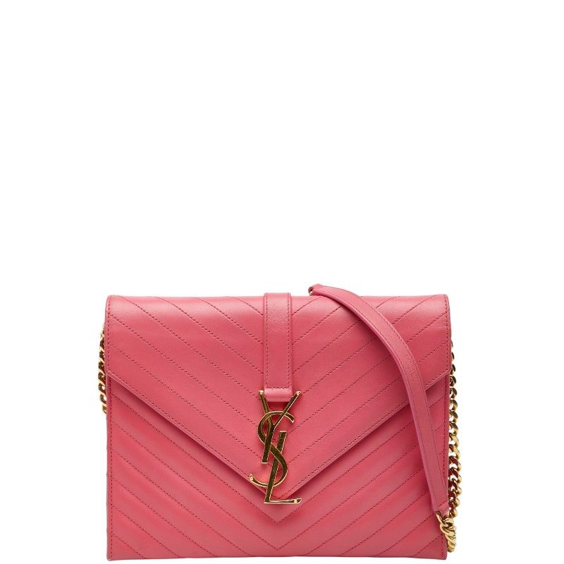 Saint Laurent Stitch YSL Logo Crossbody Chain Shoulder Bag Pink Leather