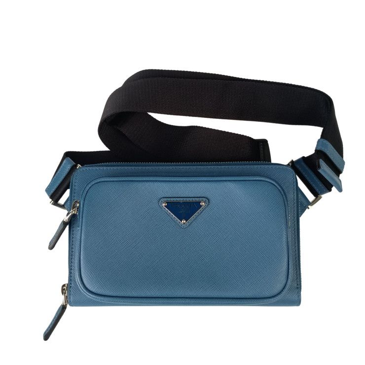 Prada Belt Bag Triangle Logo Bag Blue Saffiano Shoulder Mark Silver