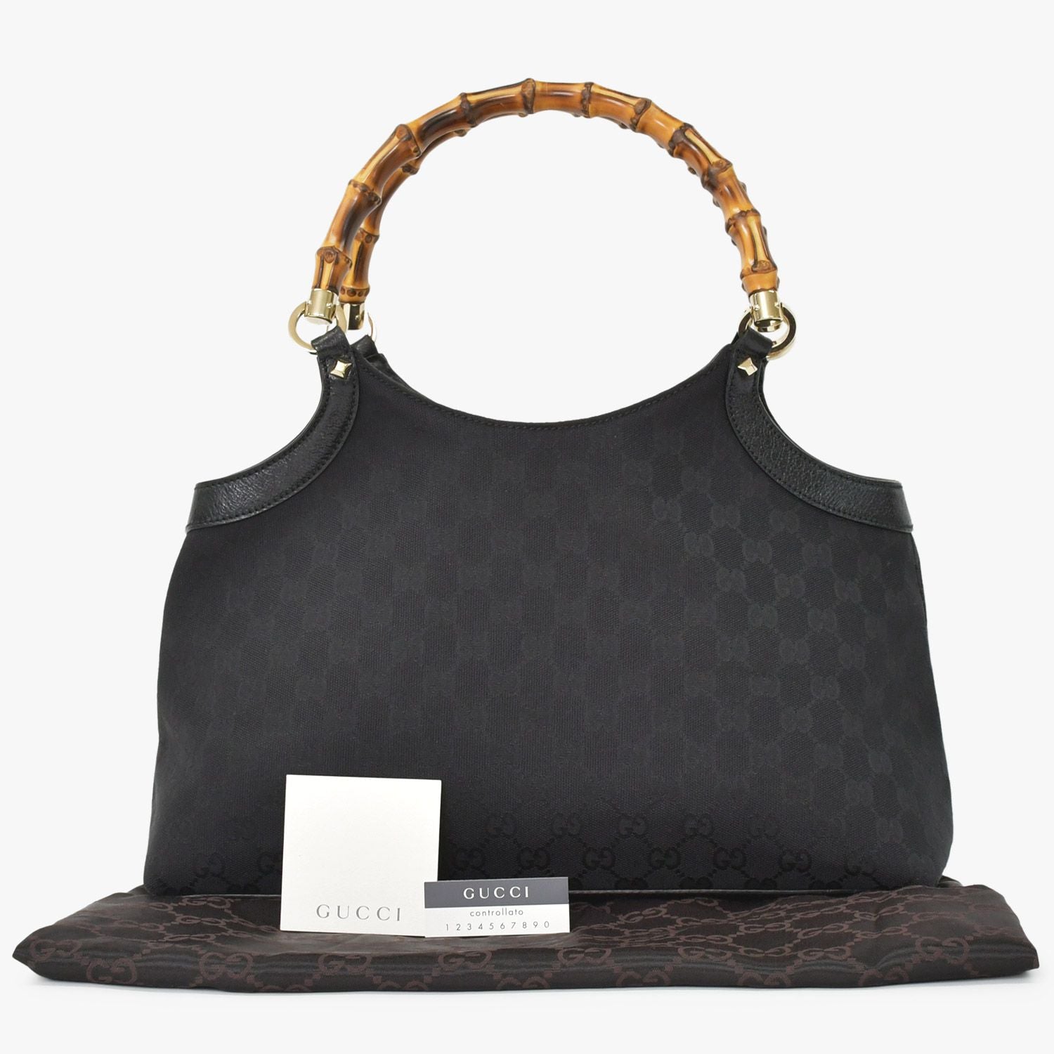 Gucci Bamboo Hand Bag Handbag GG Canvas Black Gold
