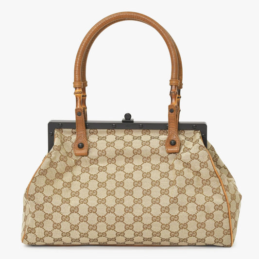 Gucci GG Canvas Bamboo Handle Gamaro Handbag Beige Brown Black