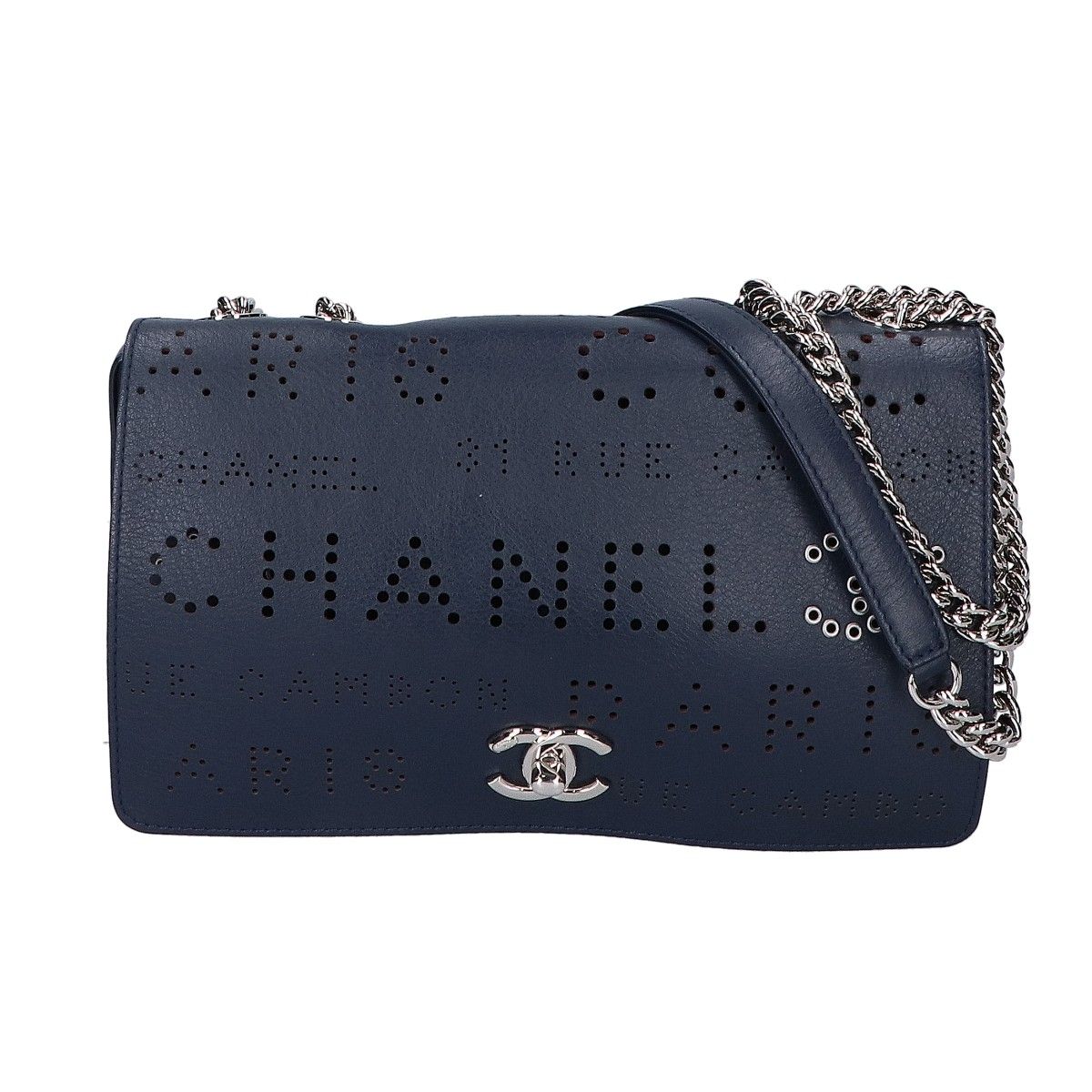 Chanel Perforated Logo Single Flap Chain Bag Navy