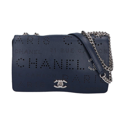Chanel Perforated Logo Single Flap Chain Bag Navy