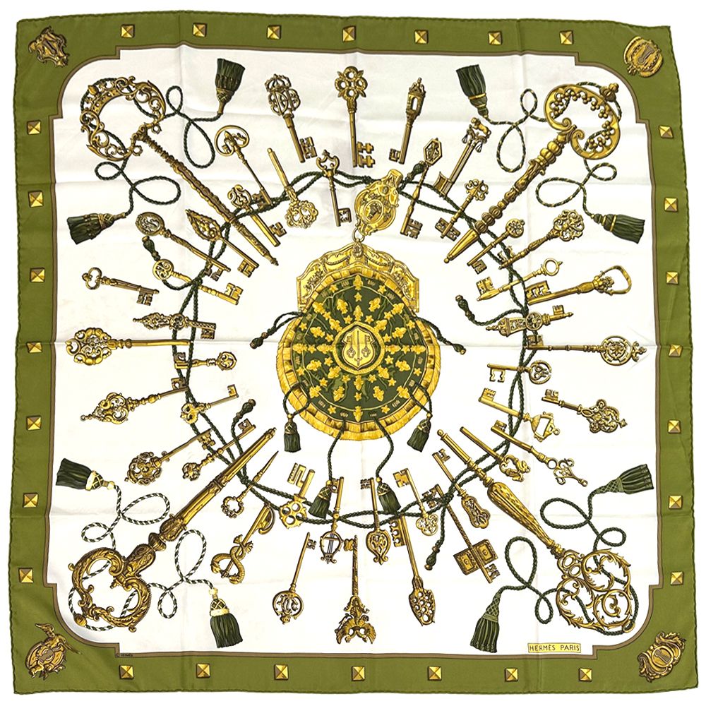 Hermes Scarf Carre 90 les Cles Key Silk Green Multi Color Large