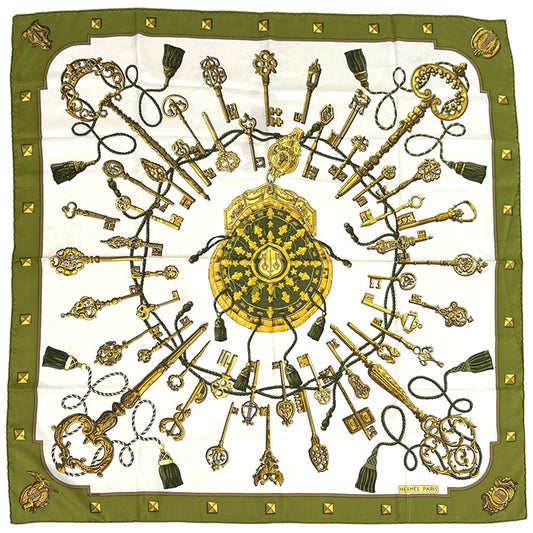 Hermes Scarf Carre 90 les Cles Key Silk Green Multi Color Large