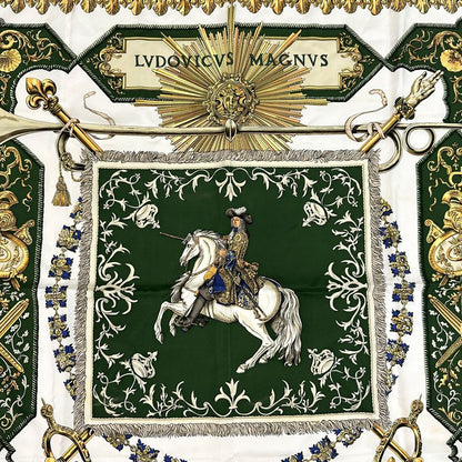 Hermes Scarf Carre 90 LV Dovicvs Magnvs White Louis Xiv on a Horse Silk Green — view 2