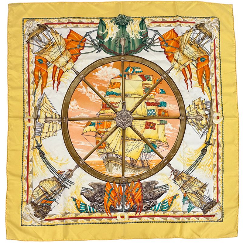 Hermes Scarf Carre 90 Vive le Vent Silk Yellow Multi Color Sea Ship Sailing