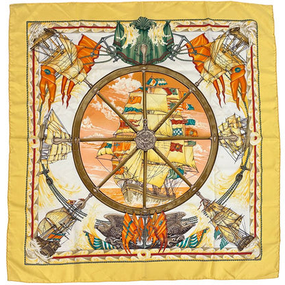 Hermes Scarf Carre 90 Vive le Vent Silk Yellow Multi Color Sea Ship Sailing