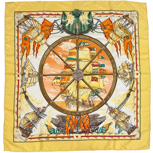 Hermes Scarf Carre 90 Vive le Vent Silk Yellow Multi Color Sea Ship Sailing