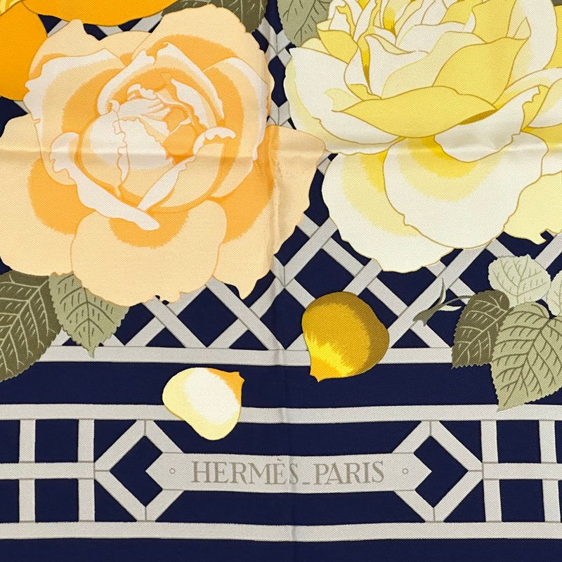 Hermes Scarf Carre 90 Rosrraie Rose Garden Silk Navy Orange Multi Color Floral — view 3