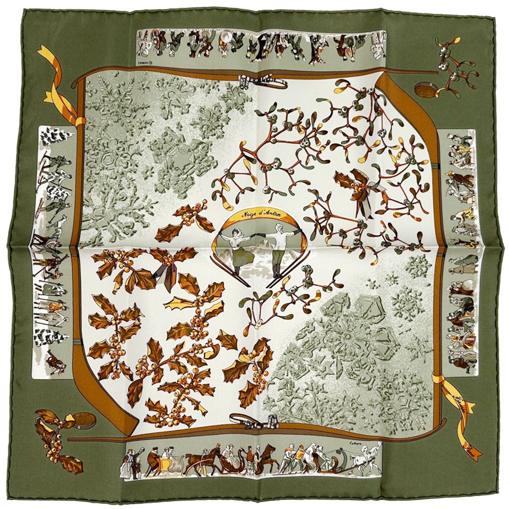 Hermes Scarf Petit Carre Neige D'antan Last Winter Silk Green Multi Color