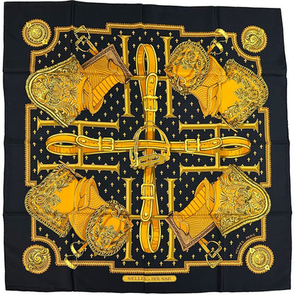 Hermes Scarf Carre 90 Selles a Housse Cover Sitting Silk Black Yellow Multi