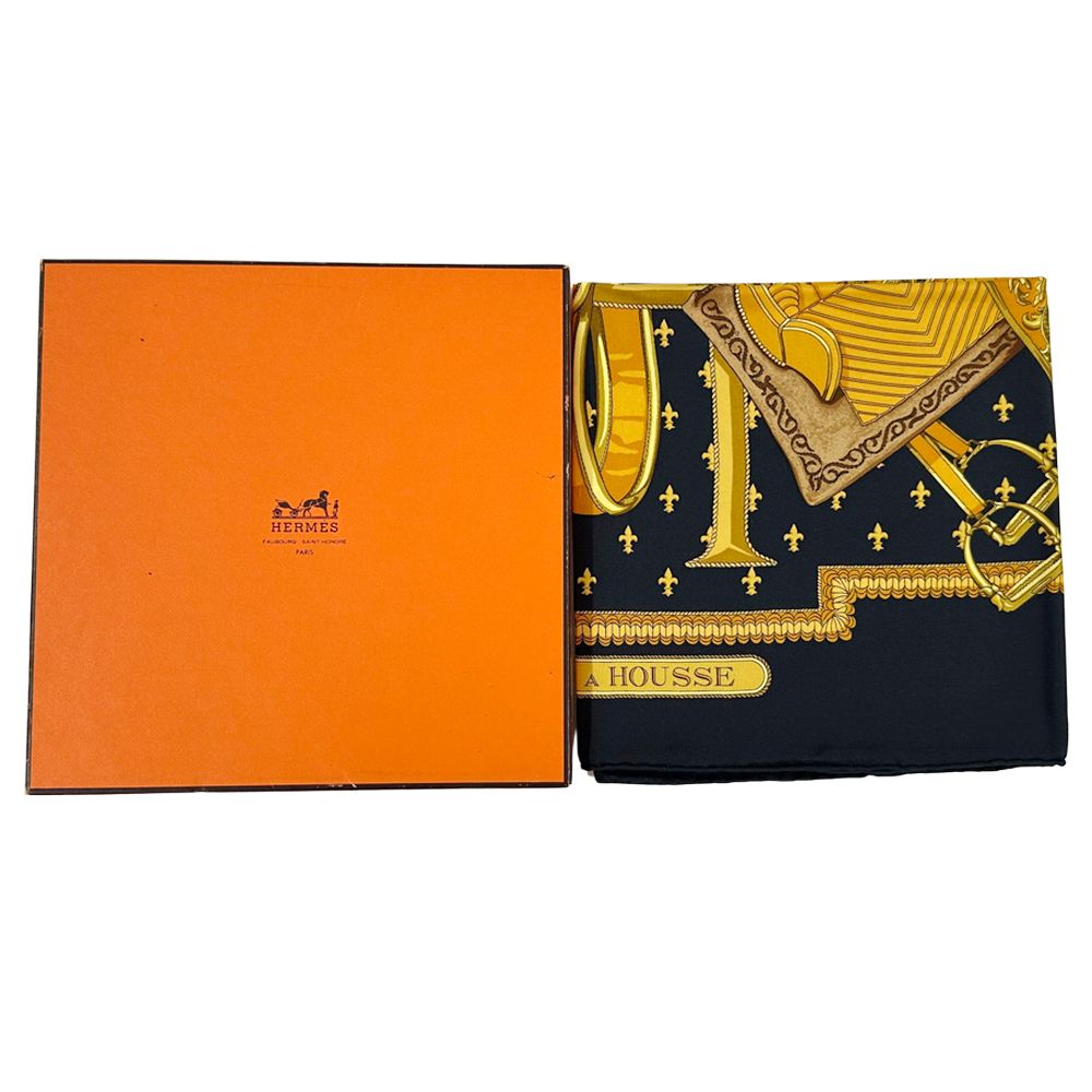 Hermes Scarf Carre 90 Selles a Housse Cover Sitting Silk Black Yellow Multi — view 6