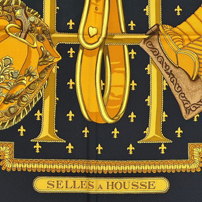 Hermes Scarf Carre 90 Selles a Housse Cover Sitting Silk Black Yellow Multi — view 2