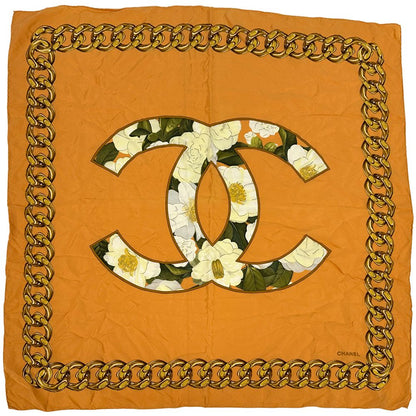 Chanel Scarf CC Logo Silk Orange Multi Color Camellia Floral Chain Large