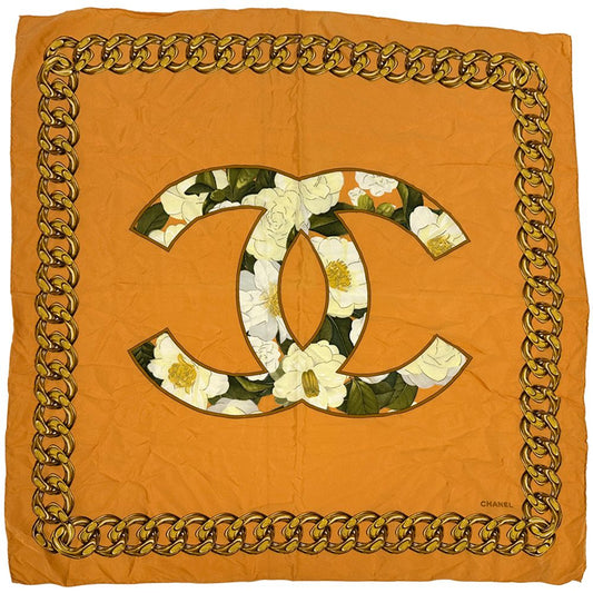 Chanel Scarf CC Logo Silk Orange Multi Color Camellia Floral Chain Large