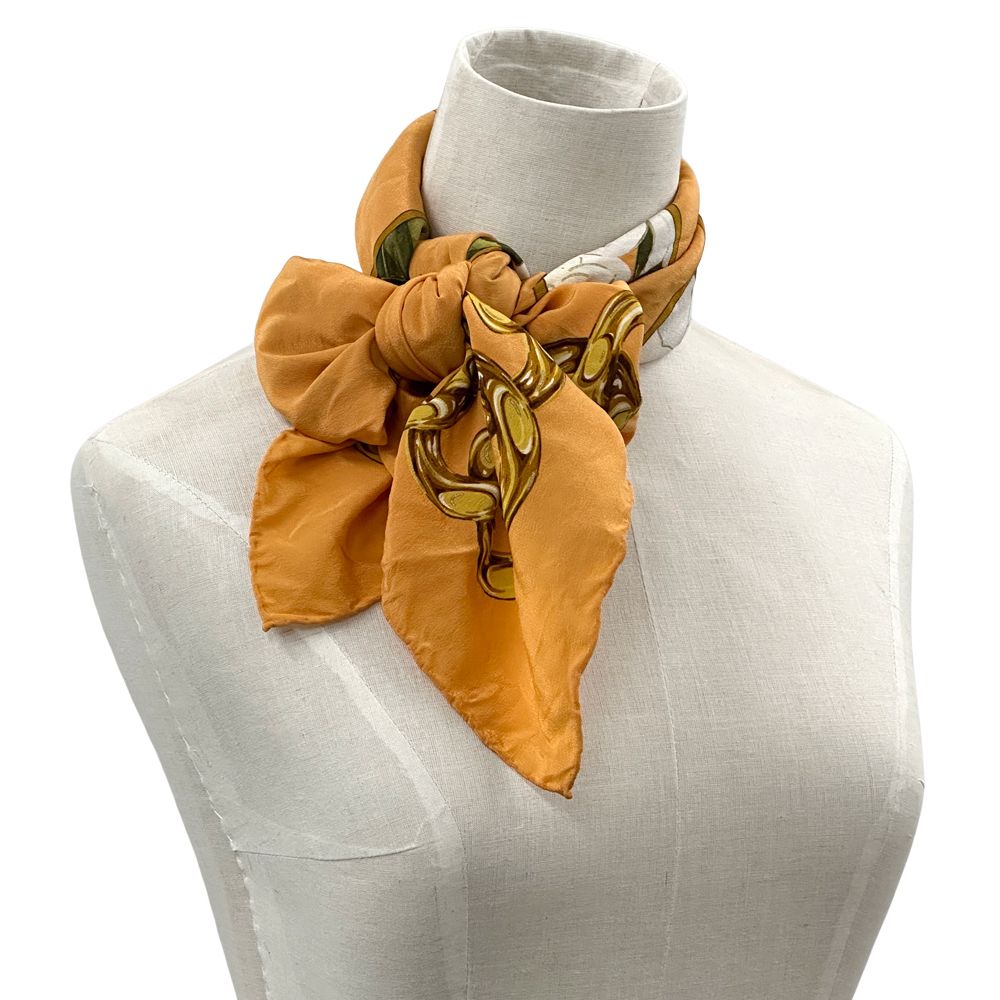 Chanel Scarf CC Logo Silk Orange Multi Color Camellia Floral Chain Large — view 6