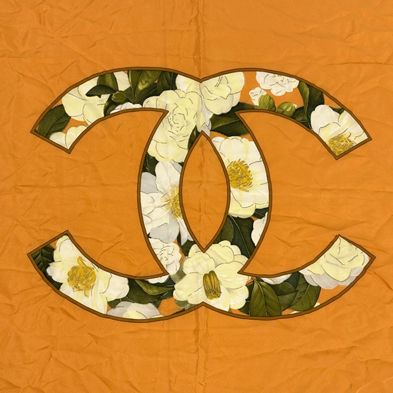 Chanel Scarf CC Logo Silk Orange Multi Color Camellia Floral Chain Large — view 2