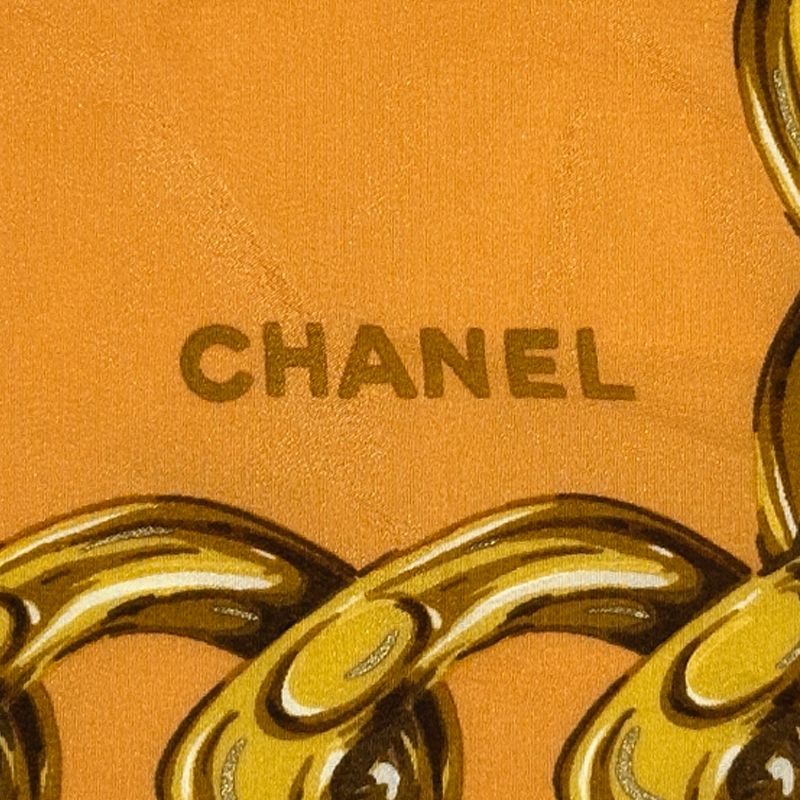 Chanel Scarf CC Logo Silk Orange Multi Color Camellia Floral Chain Large — view 5