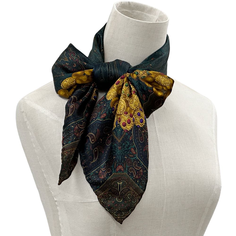 Chanel Scarf Gripoix Silk Green Multi Color Chain Paisley Pattern Glossy Shiny — view 6