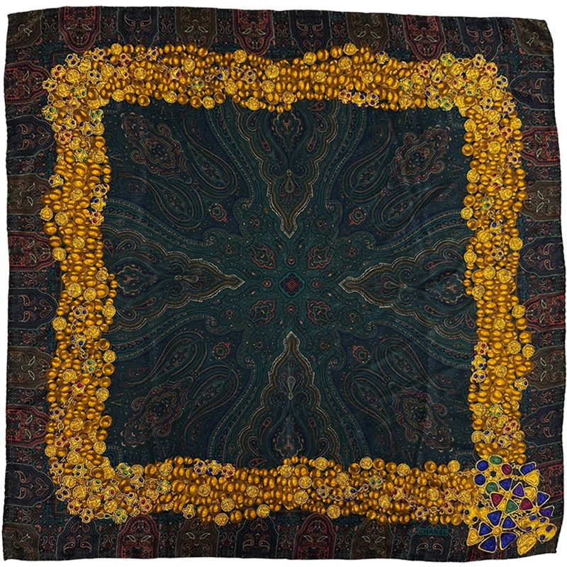 Chanel Scarf Gripoix Silk Green Multi Color Chain Paisley Pattern Glossy Shiny