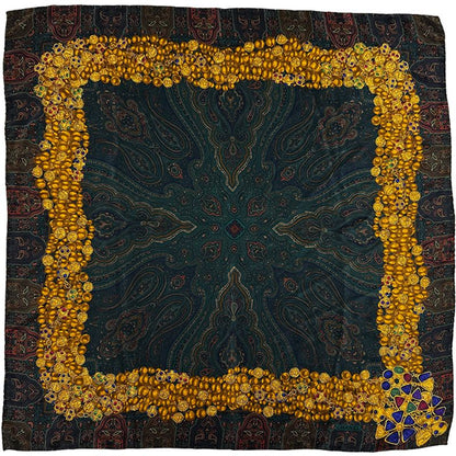 Chanel Scarf Gripoix Silk Green Multi Color Chain Paisley Pattern Glossy Shiny