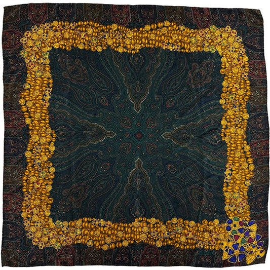 Chanel Scarf Gripoix Silk Green Multi Color Chain Paisley Pattern Glossy Shiny