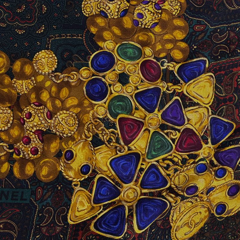 Chanel Scarf Gripoix Silk Green Multi Color Chain Paisley Pattern Glossy Shiny — view 2