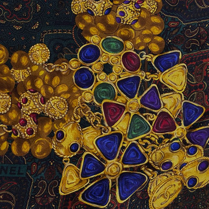 Chanel Scarf Gripoix Silk Green Multi Color Chain Paisley Pattern Glossy Shiny — view 2