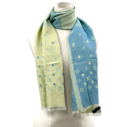 Louis Vuitton Scarf Shawl Monogram Silk Yellow Blue Green Sheer — view 7