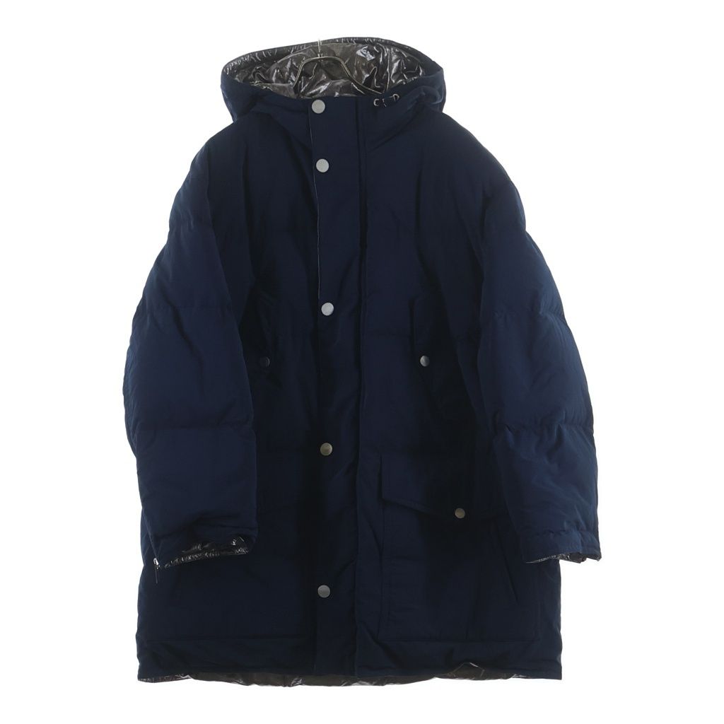 Hermes Series Button Hooded Down Jacket Long Coat Navy