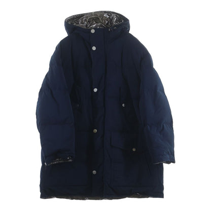 Hermes Series Button Hooded Down Jacket Long Coat Navy