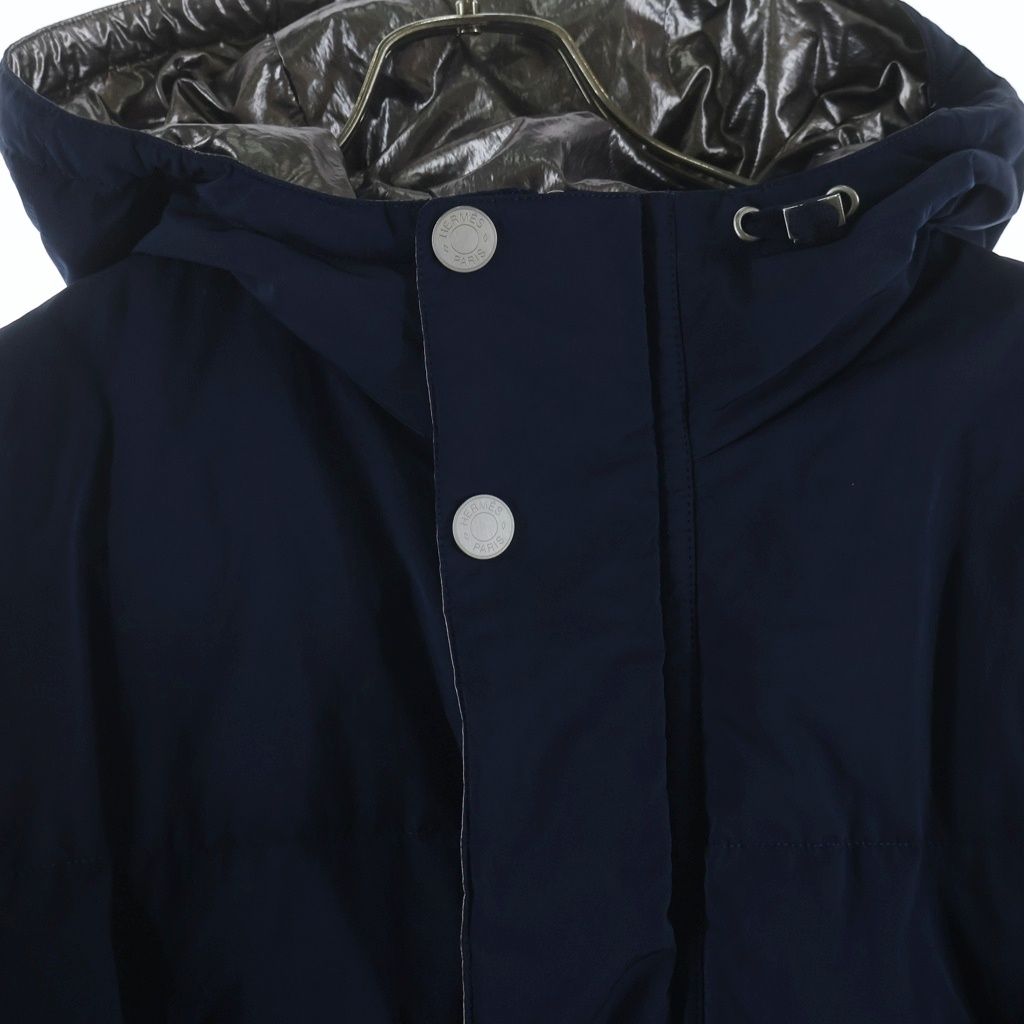 Hermes Series Button Hooded Down Jacket Long Coat Navy — view 3