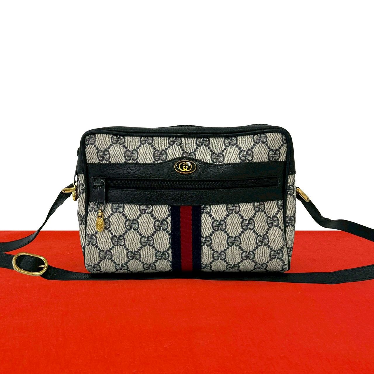 Gucci Vintage Sherry Line GG Logo Leather Shoulder Bag Pochette Navy