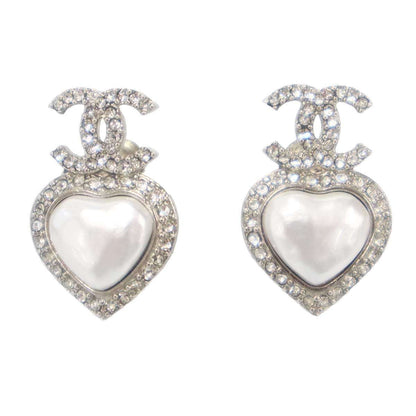 Chanel CC Logo Heart Pearl Earrings Silver