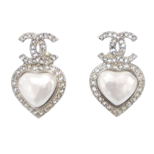 Chanel CC Logo Heart Pearl Earrings Silver