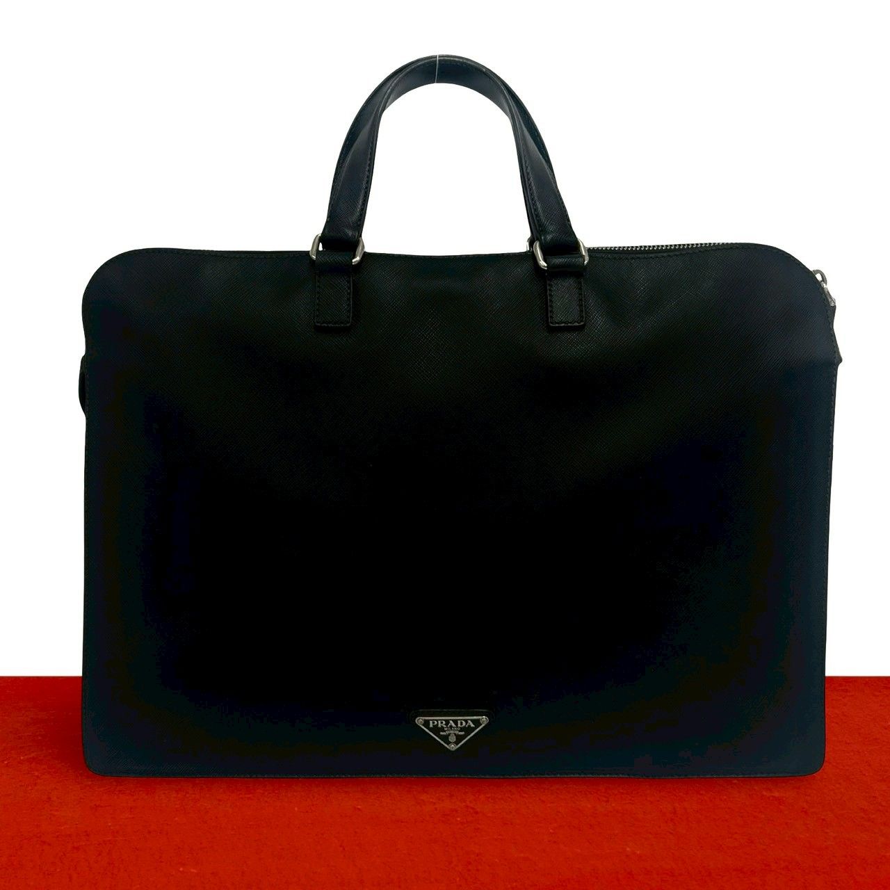 Prada Triangle Logo Saffiano Leather Business Briefcase Handbag Black