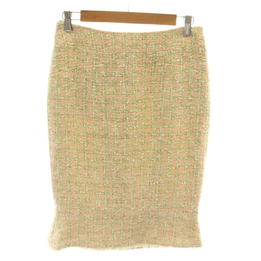 Chanel Tight Skirt Tweed Knee Length Linen Blend 36 Pink Green Multi Color MW