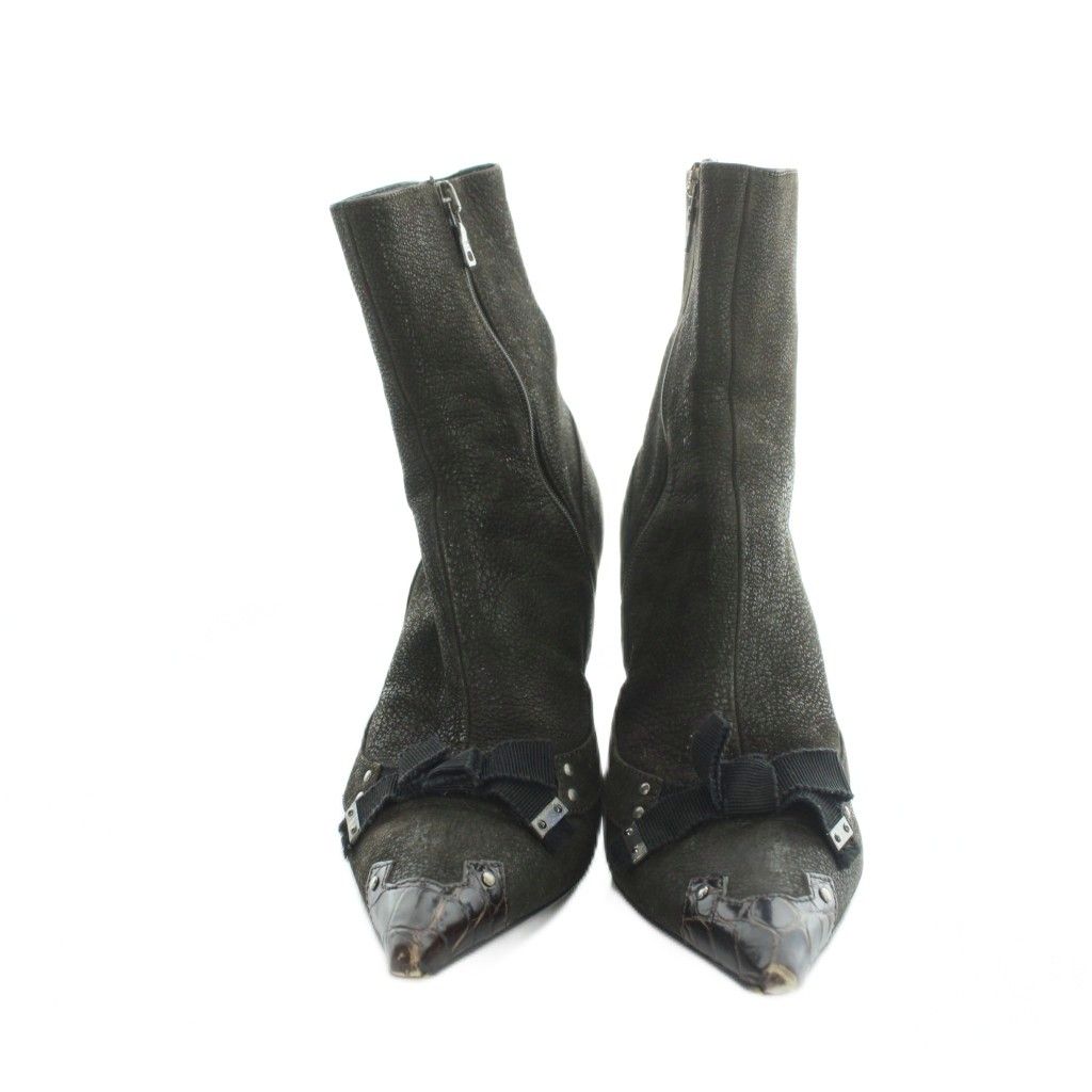 Prada Short Boots Logo Pointed Toe Leather 36.5 Brown — view 2