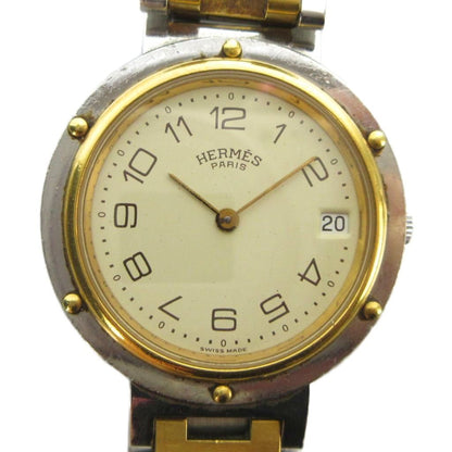 Hermes Clipper Watch Quartz Date Carre Logo Silver Color Gold