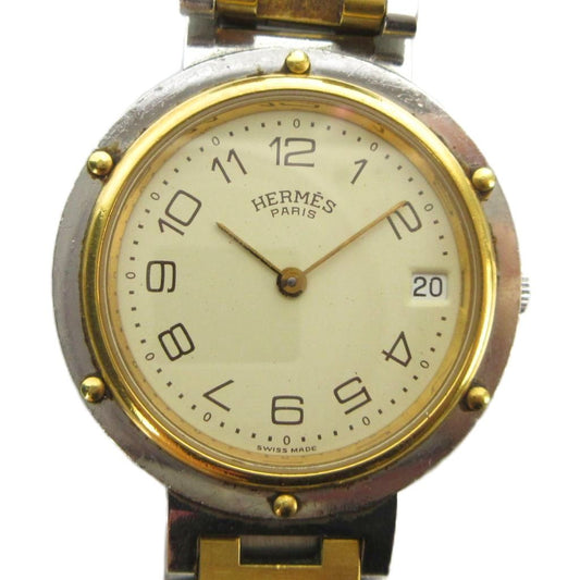 Hermes Clipper Watch Quartz Date Carre Logo Silver Color Gold