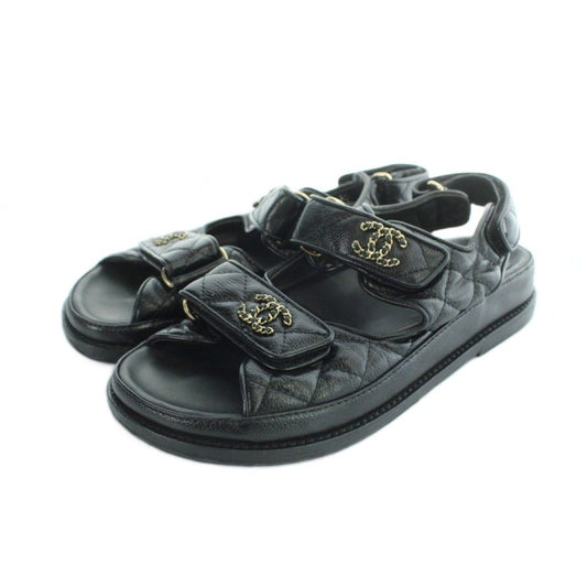 Chanel Quilted Sandals Strap Leather Logo Gray Calfskin 37 Black