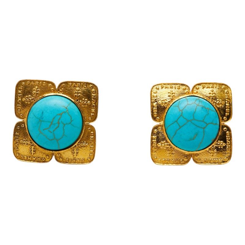 Chanel Vintage Square Motif Earrings Gold Blue Plated — view 2