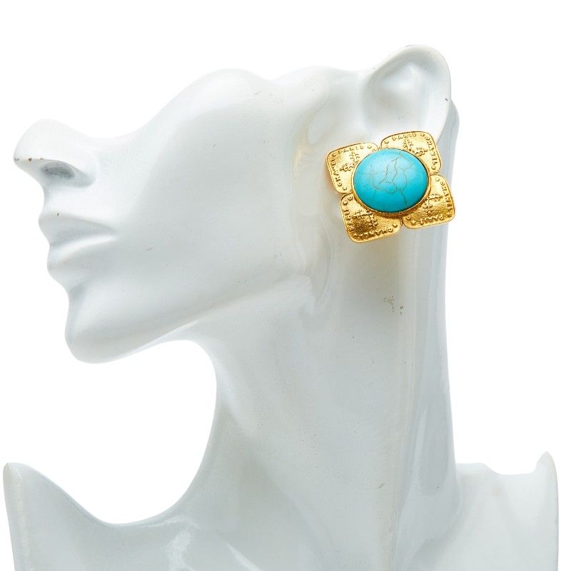 Chanel Vintage Square Motif Earrings Gold Blue Plated — view 5