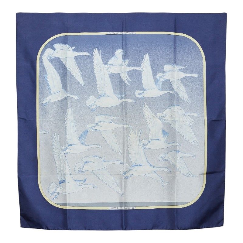 Hermes Carre 90 Oiseaux Migrateurs Migratory Bird Scarf Navy Multi Color Silk