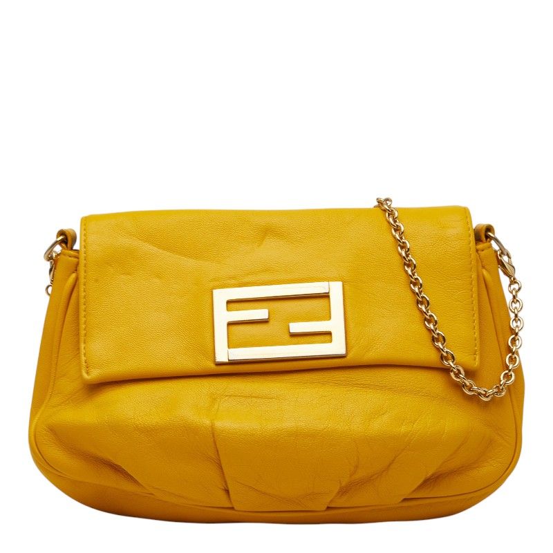 Fendi FF Logo Crossbody Chain Shoulder Bag Yellow Leather