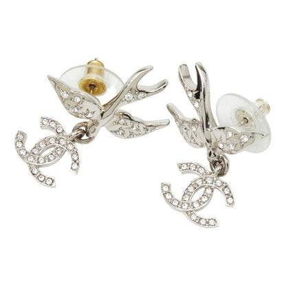Chanel Stud Earrings Swing Bird Silver Metal Crystal