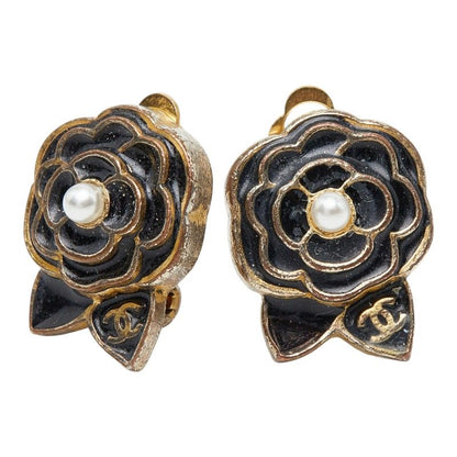 Chanel Camellia CC Logo Earrings Black Gold Plated Enamel Faux Pearl